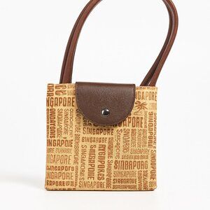 Vintage Singapore Souvenir Tote Bag with Brown Leather Flap & Handles
